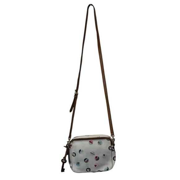 Fossil Crossbody Geometric Pattern Leather Camera Bag Adjustable Strap Key Charm - Picture 3 of 8